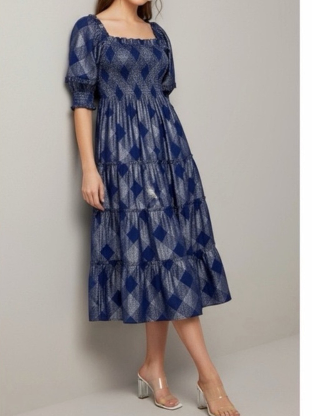 Hill House Blue Geometric Smocked Midi Dress